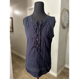 Tory Burch Ruffle Front Tank Top Navy Blue Green Stitching Buttons Size 8